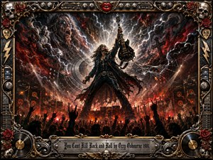 A defiant guitarist towers above a roaring concert crowd, raising his instrument into a storm of lightning, fire, and swirling record grooves. Deep blacks, crimson reds, molten orange, silver, and gold create a fierce theatrical glow. Ornate skulls, roses, vinyl records, guitar hardware, and amplifier details frame the dramatic heavy-metal painting.