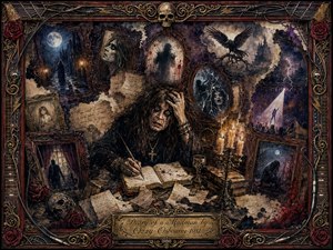 A haunted writer sits amid scattered diary pages and flickering candles, surrounded by fractured mirrors, moonlit corridors, ravens, skulls, and fading memories. Deep blacks, bruised purples, antique sepia, and blood-red accents create a gothic mood, while ornate rosewood, gold, and musical details frame the richly textured painted collage.