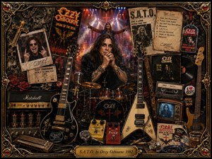 An ornate rock-and-roll collage surrounds Ozzy Osbourne with guitars, drums, amplifiers, records, concert memorabilia, skulls, roses, and vintage posters. Deep blacks, burnished gold, crimson accents, and smoky stage lighting create a dramatic, rebellious mood. Intricate metallic framing and aged textures give the composition a richly detailed, nostalgic heavy-metal aesthetic.