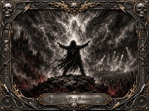 A lone, dark-robed figure stands on a jagged rocky rise, arms raised toward a luminous spectral presence emerging from a violent lightning storm. Deep charcoal textures, smoky blacks, silver whites, and ember-red accents create an ominous, defiant mood. An ornate chrome-and-gold frame features skulls, guitar fretboards, speakers, cables, and engraved title plate.