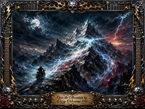 A lone motorcyclist races toward a towering, snow-covered mountain beneath a turbulent moonlit sky. Electric blue energy spirals across the peaks while fiery red lava glows through dark ravines. Dramatic lightning, metallic shadows, and icy highlights create an intense fantasy-rock atmosphere, framed by ornate chrome, gold, skulls, roses, guitar strings, and amplifier details.