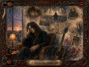 A weary rock musician rests in a dim, nostalgic room surrounded by faded concert memories, photographs, roses, handwritten notes, and an acoustic guitar. Warm amber lamplight contrasts with cool blue shadows, creating melancholy intimacy. Painterly textures, distressed surfaces, ornate rosewood framing, musical inlays, and the engraved title plate deepen the reflective mood.