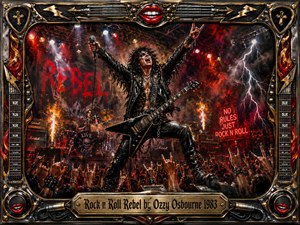 A wild leather-clad rock rebel commands a blazing concert stage, microphone raised as a roaring crowd thrusts hands skyward. Fiery reds, black, chrome, and gold dominate beneath lightning, spotlights, smoke, amplifiers, and drums. Expressive oil-paint textures heighten the defiant mood, while an ornate metallic frame and engraved title plate complete the dramatic composition.