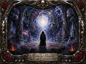 A lone dark figure stands before a radiant cosmic vortex inside a ruined gothic temple, surrounded by fractured towers, lightning, stars, and drifting debris. Deep blues, purples, black, and fiery orange create an ominous, mystical atmosphere. An ornate chrome-and-gold rock-inspired frame features skulls, roses, guitar elements, and an engraved title plate.