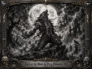 A fierce werewolf howls from jagged ruins beneath an enormous full moon, surrounded by twisted trees, storm clouds, lightning, grave markers, and drifting mist. Deep feathered charcoal textures create a brooding monochrome palette with stark silver highlights. An ornate metal frame of skulls, chains, guitar strings, speakers, and gold accents completes the gothic composition.
