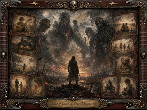 A lone warrior stands amid a devastated, ember-strewn landscape, confronting colossal shadowy giants beneath a turbulent moonlit sky. Sepia, charcoal black, smoky gray, and molten orange create a solemn, apocalyptic mood. Vintage memory portraits surround the scene within an ornate rosewood, gold, skull, and guitar-string frame, painted with richly weathered textures.