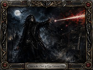A dark gothic rock figure reaches toward a blazing red-white streak beneath a cold full moon, surrounded by smoky stage shadows, amplifiers, drums, and an electric guitar. Deep blacks, steel blues, crimson highlights, and dramatic lighting create a tense, mysterious mood, framed by ornate chrome, gold filigree, strings, picks, and red lips.