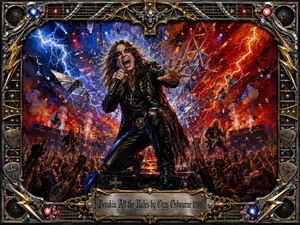 A fierce rock singer commands a blazing concert stage, framed by shattered glass, lightning, flames, amplifiers, and a roaring crowd. Deep reds and electric blues create a rebellious, explosive mood, while dramatic spotlights sharpen the central figure. Ornate chrome, gold, guitar strings, skulls, and speakers form the intricate metallic border.