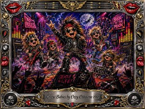 A wild glam-metal carnival erupts beneath a moonlit neon sky as leather-clad child rockers perform with guitars, drums, and microphone. Saturated reds, purples, blues, and golds glow through electric stage lighting. The energetic painted composition combines rebellious humor, fantasy, chrome ornament, skulls, lightning, and an elaborate rock-themed frame.