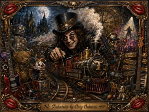 A sinister steampunk ringmaster looms over a miniature black-and-brass locomotive racing through a haunted carnival railway. Moonlit towers, clockwork machinery, toys, skeletons, smoke, and concert imagery crowd the dramatic composition. Deep blacks, bronze, crimson, and gold glow under theatrical lighting, framed by ornate gothic filigree and vivid red lips.