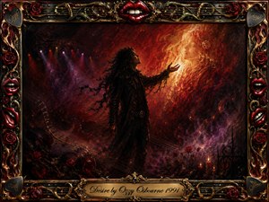 A dark, long-haired figure reaches toward a luminous woman emerging from swirling flames, embodying yearning and temptation amid a shadowy rock-concert atmosphere. Deep reds, blacks, golds, and violet stage lights create dramatic contrast. Rich oil-painted textures, roses, guitar strings, gothic ornamentation, and glossy red lips frame the fiery, romantic composition.