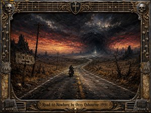 A lone motorcyclist follows a cracked highway into a barren, apocalyptic horizon beneath turbulent charcoal clouds and a fiery orange sunset. Dark oil-painted textures heighten the lonely, ominous mood. Ornate chrome, gold, guitar strings, skulls, highway emblems, and map details frame the scene, with an engraved title plate below.