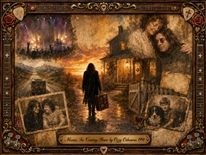A lone traveler approaches a warmly lit country home at sunset, surrounded by faded photographs of family, childhood, and concert memories. Sepia browns, amber golds, and muted shadows create a tender, reflective mood. Painterly textures blend nostalgia with rock imagery, framed by ornate rosewood, guitar strings, roses, picks, and gilded metalwork.