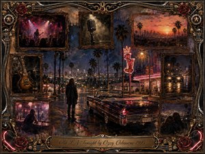 A solitary figure stands beside a gleaming vintage convertible on a rain-darkened Los Angeles street, surrounded by palm trees, neon signs, and distant city lights. Rosewood-framed memories of guitars, performances, romance, and nightlife create a wistful collage. Warm amber, crimson, and midnight-blue tones enhance the nostalgic, painterly atmosphere.