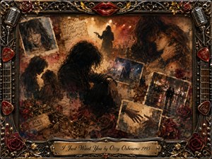 A dark romantic collage centers on a brooding rock figure surrounded by faded photographs, lovers, handwritten notes, roses, and concert memories. Warm sepia, black, crimson, and gold tones glow beneath smoky stage lighting. An ornate metallic frame of microphones, strings, picks, and red lips encloses the richly textured, nostalgic composition.