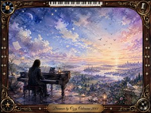 A solitary pianist overlooks a luminous dreamlike city and coastline at dawn, surrounded by drifting sheet music, glowing musical trails, birds, flowers, and lantern light. Soft blues, violets, golds, and pinks create a hopeful, reflective mood. Watercolor textures blend with painterly detail inside an ornate musical rosewood-and-gold frame.