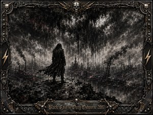 A lone dark figure stands on shattered ground overlooking a ruined industrial wasteland beneath torrents of black rain and turbulent storm clouds. Charcoal-gray textures, faint ember-red glows, and stark lightning create a bleak, apocalyptic mood. An ornate metal frame of skulls, barbed wire, guitar strings, and gold accents surrounds the haunting scene.