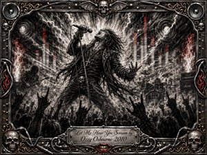 A fierce rock vocalist screams into a microphone at center stage, surrounded by lightning, smoke, flames, amplifiers, drums, and raised crowd hands. Deep feathered charcoal textures create a gritty, explosive mood, accented by crimson and metallic highlights. An ornate chrome-and-gold gothic frame features skulls, cables, speakers, and an engraved title plate.