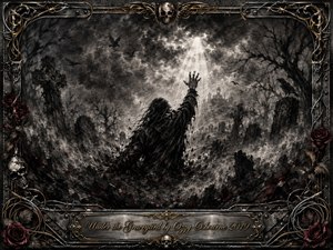 A solitary figure rises from a shattered graveyard, reaching toward a piercing shaft of white light beneath turbulent black clouds. Deep charcoal textures, skeletal trees, ravens, broken headstones, and crimson roses create a mournful gothic atmosphere. Ornate steel, barbed wire, skulls, guitar strings, and gold filigree frame the dramatic scene.