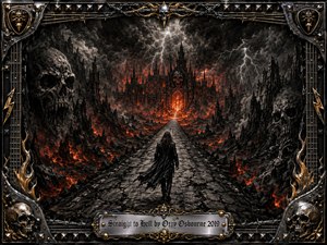 A lone dark figure walks a cracked road toward a blazing infernal fortress beneath storm clouds and lightning. Charcoal blacks, smoky grays, and molten orange flames create a grim, apocalyptic mood. Skull-shaped cliffs, lava fissures, and gothic towers frame the central perspective, surrounded by an ornate chrome, gold, and guitar-themed metal border.