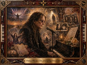 A reflective rock legend sits beside a worn piano and microphone, surrounded by faded photographs, roses, handwritten music, and distant stage memories. Warm amber, sepia, black, and crimson tones glow through dramatic low lighting. The richly textured painterly collage feels nostalgic and solemn, enclosed by an ornate gold-and-rosewood musical frame.