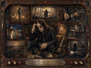 A weary rock icon sits backstage beneath warm amber light, surrounded by framed memories of concerts, rainy streets, guitars, and empty bars. Deep browns, black, gold, and muted blue create a reflective, melancholy mood. Rich painterly textures, vintage rosewood framing, cables, records, knobs, and engraved metalwork enhance the nostalgic composition.