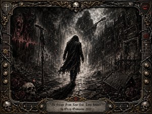 A lone dark-clad figure walks through a ruined, smoke-filled corridor of towering amplifiers beneath a ghostly guitarist looming in storm clouds. Deep charcoal textures, ash gray tones, muted crimson embers, skulls, roses, cables, and wrought iron create a bleak, haunted mood, framed by ornate metallic rock-and-roll details.