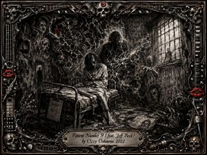 A solitary patient sits on a rusted asylum bed amid fractured walls, ghostly faces, and tangled electric guitar imagery. Deep charcoal textures, smoky blacks, tarnished silver, and sharp red accents create a haunted, unstable mood. Dim window light reveals intricate skulls, strings, ornate metalwork, and a dramatic engraved title plate.