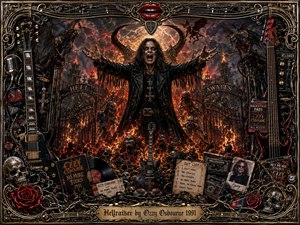 A fierce horned rock figure commands a blazing infernal stage, arms outstretched before gothic gates, skulls, demons, chains, and burning ruins. Deep reds, black, bronze, and gold dominate under dramatic firelight and lightning. The highly detailed fantasy-metal collage is framed with guitars, memorabilia, roses, and ornate metallic decoration.