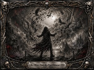 A lone long-haired figure stands defiantly beneath a violent moonlit storm as ravens, rain, and shattered tear-like fragments spiral through the sky. Deep charcoal textures, blackened cliffs, lightning, and crimson accents create a bleak gothic mood. An ornate metal frame of skulls, strings, chains, and gold details completes the dramatic composition.