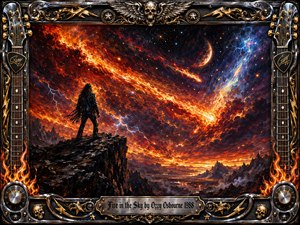 A lone dark-clad figure stands on a jagged cliff beneath a blazing cosmic sky filled with fiery meteors, lightning, stars, and swirling orange, crimson, gold, and electric blue clouds. Dramatic oil-paint textures heighten the apocalyptic mood, while an ornate chrome-and-gold rock-themed frame features skulls, wings, guitar details, flames, and an engraved title plate.