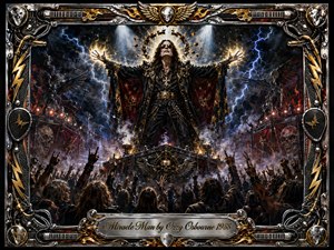 A commanding rock preacher stands above a frenzied crowd beneath storm clouds, lightning, smoke, and fiery stage lights. Black, silver, crimson, electric blue, and gold dominate the dramatic composition. Richly textured painted details, glowing hands, skulls, wings, shattered halo imagery, and an ornate chrome-and-gold musical frame create a theatrical, rebellious atmosphere.