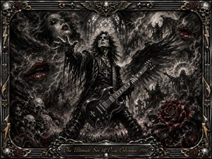A haunted rock figure stands amid a ruined gothic cathedral, reaching forward with a dark electric guitar as smoky wings, skulls, crimson roses, spectral faces, and lightning surround him. Charcoal textures dominate the dramatic composition, accented by deep red and metallic gold. Stark lighting, stormy shadows, and an ornate heavy-metal frame create an ominous, theatrical atmosphere.