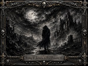 A solitary dark figure walks through moonlit ruins beneath swirling storm clouds, surrounded by twisted trees, shattered Gothic architecture, and drifting mist. Deep charcoal blacks, smoky grays, and silver highlights create a brooding, ominous mood. An ornate metal frame of skulls, chains, studs, and gold accents completes the dramatic heavy-metal composition.