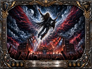 A long-haired guitarist rockets above a blazing concert stage into a storm-filled night, surrounded by winglike streaks of silver and crimson energy. Moonlight, lightning, flames, amplifiers, drums, and cheering silhouettes create an exhilarating heavy-metal atmosphere. Rich oil-painted textures, dramatic contrast, chrome-gold framing, skull accents, and ornate musical details heighten the rebellious fantasy.