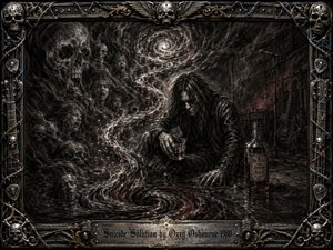 A brooding long-haired figure slumps beside a whiskey bottle in a shadowy stage-like room as swirling liquid and smoke form a spectral vortex filled with anguished faces and skulls. Deep charcoal textures, blackened grays, muted crimson accents, and harsh highlights create a tragic gothic mood, enclosed by an ornate metal-and-gold rock-inspired frame.