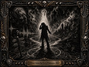 A lone dark-clad figure stands at a fractured crossroads beneath a harsh beam of light, surrounded by ghostly faces, question marks, lightning, and drifting musical symbols. Deep feathered charcoal textures create a brooding, uncertain mood, while black, gray, chrome, and gold tones frame the scene with skulls, guitar strings, and ornate metalwork.
