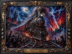 A demonic steam locomotive charges along twisting rails beneath a lightning-torn night sky, surrounded by flames, smoke, industrial ruins, speakers, and cheering silhouettes. Electric blues, fiery reds, orange sparks, and metallic blacks intensify the chaotic mood. Thick oil-paint textures and dramatic lighting create a powerful, apocalyptic heavy-metal atmosphere within an ornate chrome-and-gold frame.