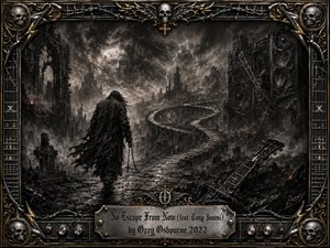 A solitary cloaked figure walks through a ruined gothic wasteland beneath a storm-dark sky, following a winding path that seems to circle endlessly. Deep charcoal textures, silver-gray shadows, faint red embers, lightning, broken guitar imagery, towering speakers, skulls, and ornate metallic framing create a haunting, heavy, apocalyptic atmosphere.