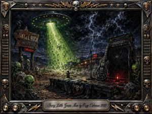 A stormy desert roadside becomes a surreal alien rock spectacle as glowing green visitors surround an abandoned stage beneath a hovering UFO. Neon green light cuts through midnight blues, black clouds, and lightning, illuminating guitars, amplifiers, cables, and weathered signs. The gritty painted style, metallic skull-studded frame, and engraved title plate create a sinister, theatrical mood.