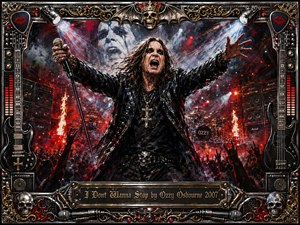A fierce rock singer commands a blazing concert stage, arms outstretched above a roaring crowd beneath red, white, and smoky spotlights. Black leather, chrome, skulls, guitars, speakers, flames, and gold filigree create a rebellious heavy-metal atmosphere. Rich oil-and-acrylic textures frame the scene with dramatic motion, grit, and unstoppable energy.