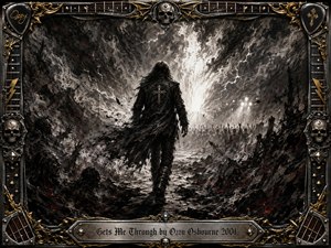 A lone long-haired rocker strides through a shattered, smoke-filled wasteland toward a brilliant opening of light and a distant cheering crowd. Deep feathered charcoal textures, silver-gray shadows, glowing red embers, and sharp highlights create a defiant, stormy mood, framed by ornate chrome, gold filigree, skulls, guitar details, and engraved metalwork.