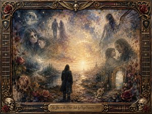 A lone dark figure faces a glowing horizon beneath a moonlit, star-filled sky, surrounded by fading memories of loved ones, roses, wings, and an arched passage. Warm gold light contrasts with deep blues and muted browns. Painterly oil, acrylic, and watercolor textures create a nostalgic, haunting, hopeful atmosphere within an ornate musical frame.