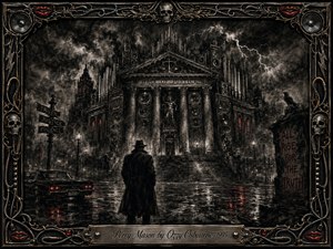A shadowy investigator stands on a rain-soaked street facing a towering gothic hall of justice fused with speakers and organ pipes. Charcoal textures, storm clouds, lightning, and muted crimson reflections create a tense noir mood. An ornate metallic frame of skulls, cables, lips, and rock details surrounds the dramatic composition.