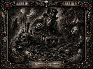 A sinister Victorian conductor looms over a haunted toy railway winding through a ruined carnival filled with cracked dolls, skulls, and twisted tracks. Deep charcoal textures, smoky shadows, and sparse crimson accents create a menacing atmosphere. Ornate musical metalwork frames the scene, while dramatic moonlit chiaroscuro intensifies its gothic nightmare quality.