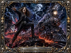 A wild rock performer commands a stormy nighttime railway as a menacing black locomotive charges forward beneath lightning and a glowing moon. Fiery reds, metallic blacks, electric blues, and gold highlights intensify the chaotic mood. Ornate skulls, guitar motifs, speakers, flames, and chrome frame the dramatic, highly detailed fantasy-rock composition.