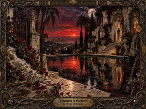 A decadent hillside villa overlooks a glowing city beneath a blood-red sunset and ghostly moon. Black palms, cypress trees, roses, candles, cracked marble, and a reflective pool create ominous luxury. Gothic metalwork, skulls, wilted flowers, and a waiting guitar frame the scene in richly textured, dramatic darkness.