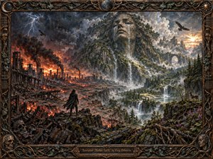 A lone cloaked figure overlooks a divided world of burning industrial ruins and lush mountain wilderness, dominated by a monumental stone face of Mother Earth. Fiery reds and smoky blacks contrast with cool greens, silver waterfalls, and golden dawn light. Richly textured painterly detail, dramatic skies, wildlife, and an ornate bronze frame heighten the apocalyptic, reverent mood.