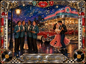 A vibrant 1950s doo-wop street scene shows four singers harmonizing beside a glowing diner while a young couple dances near a red convertible. Rich reds, teal, chrome, gold, and deep blue shimmer under neon and lamplight. Ornate musical framing, vinyl records, piano keys, microphones, stars, and floating notes create joyful nostalgic energy.