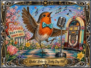 A joyful robin dances beside a vintage microphone in a flower-filled 1950s rock-and-roll setting, with a colorful jukebox, musical notes, and a glossy checkerboard floor. Bright blues, reds, golds, and spring pastels glow in lively acrylic textures, framed by ornate chrome, gold, stars, strings, and retro music details.